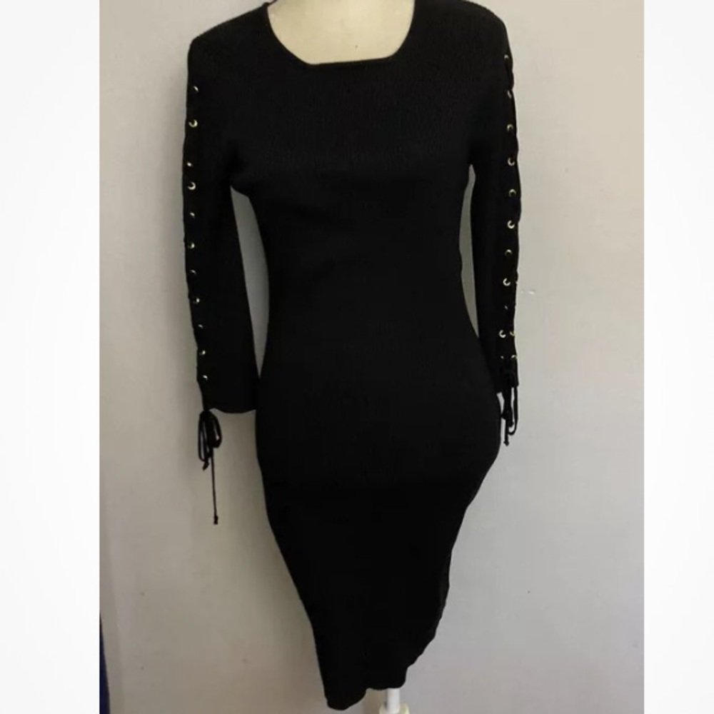 9-27 Nina Leonard black sweater dress Small ribbed lace up sleeve